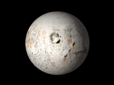 Rotating Mars globe. The surface is white and rust red streaks