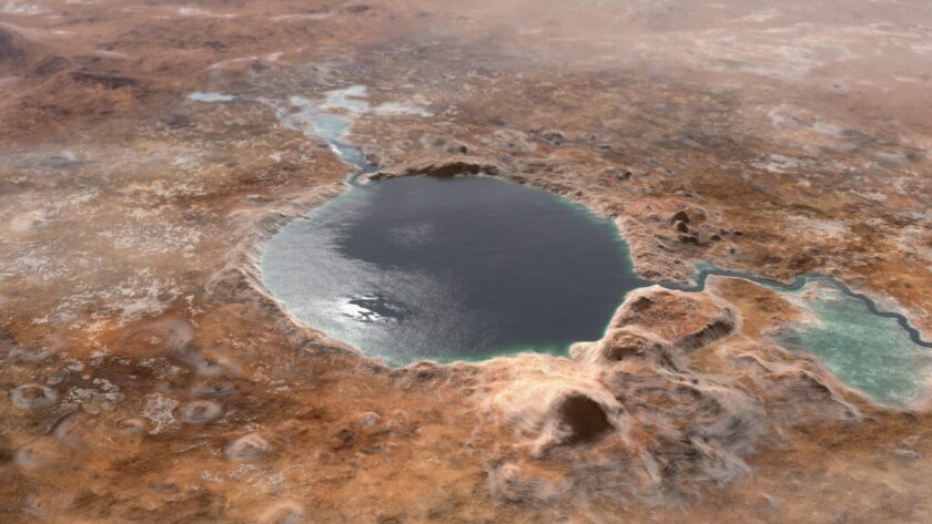 Depiction showing Jezero Crater from above as a crater lake. An inlet and outlet are also visible on either side of the lake.