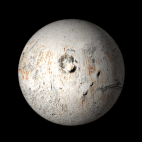 Rotating Mars globe. The surface is white and rust red streaks